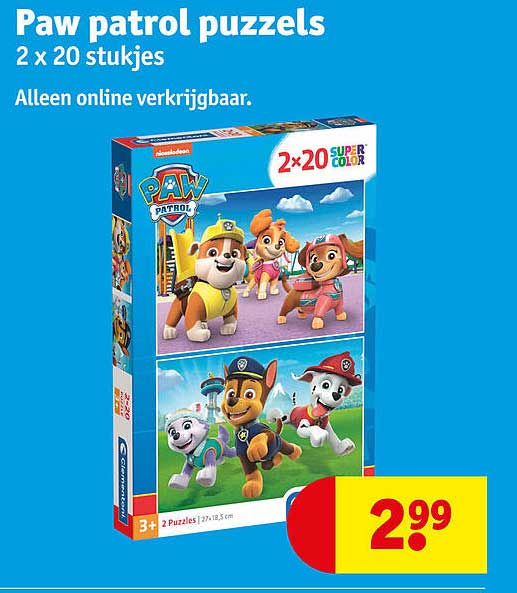 Paw patrol puzzels 2 x 20 stukjes Alleen online verkrijgbaar.