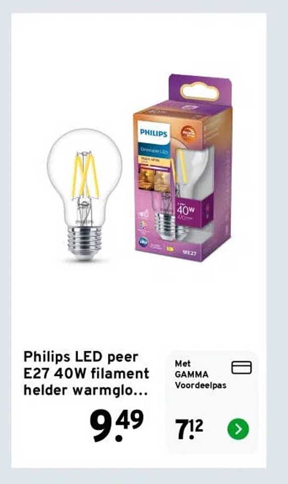 Philips LED peer E27 40W filament helder warmglo...