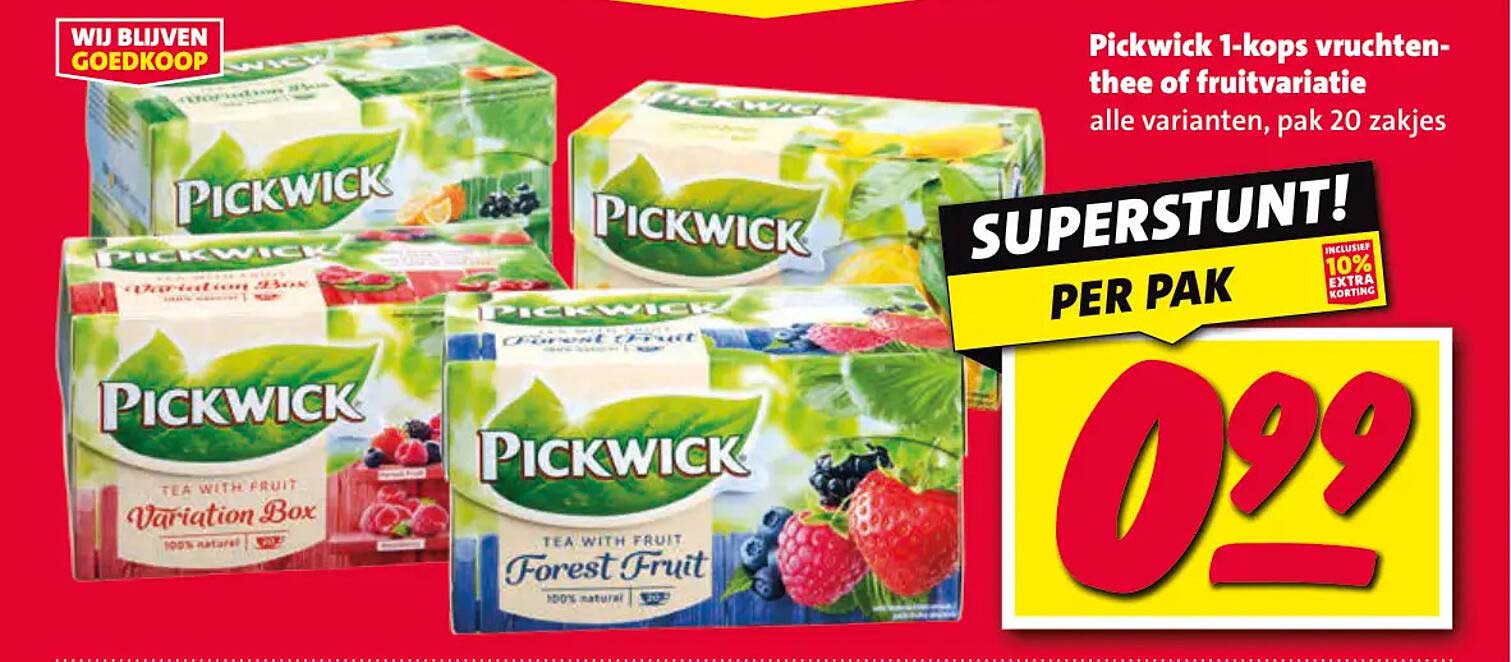 Pickwick 1-kops vruchten-thee of fruitvariatie alle varianten, pak 20 zakjes