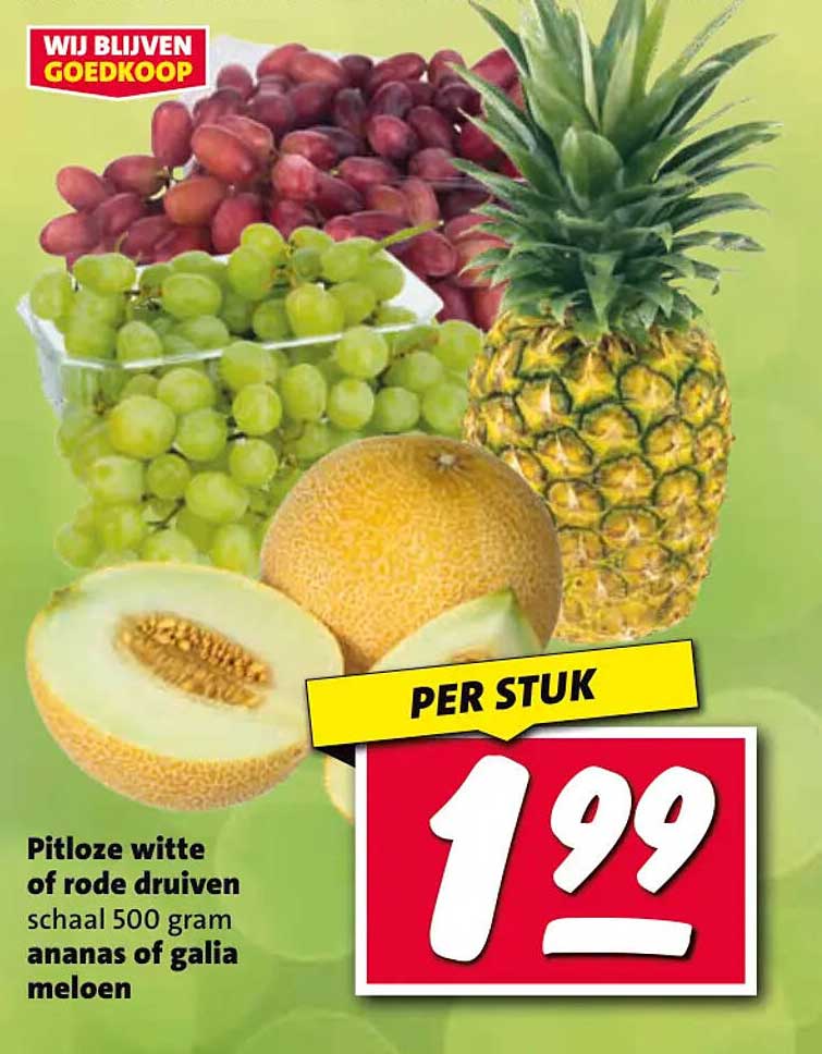 Pitloze witte of rode druiven schaal 500 gram ananas of galia meloen per stuk