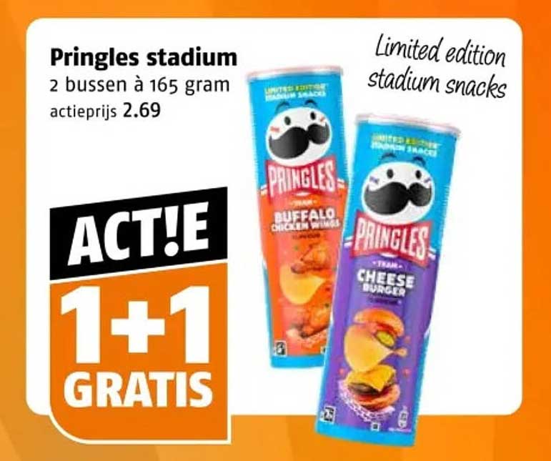 Pringles stadium 2 bussen à 165 gram actierijs 2.69 1+1 gratis