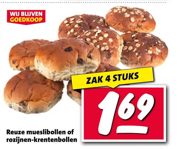 Reuze mueslibollen of rozijnen-krentenbollen Zak 4 stuks