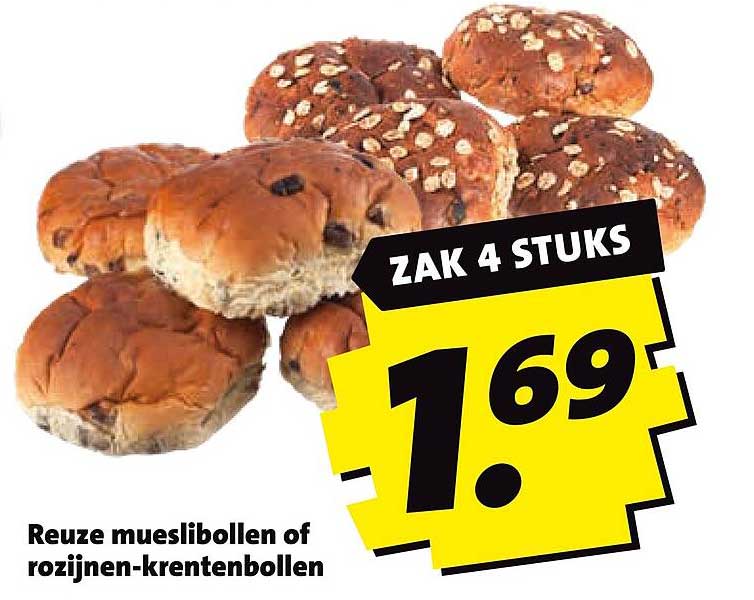 Reuze mueslibollen of rozijnen-krentenbollen Zak 4 stuks