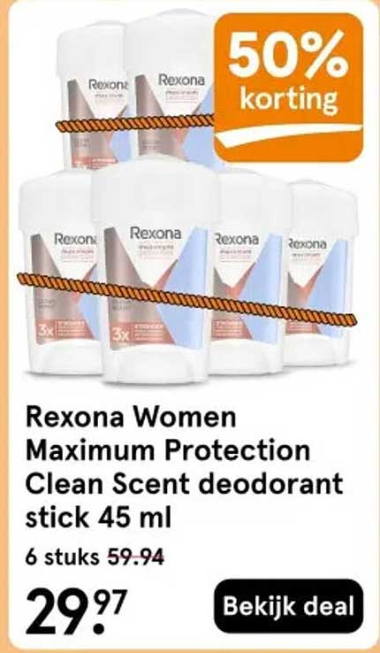 Rexona Women Maximum Protection Clean Scent deodorant stick 45 ml 50% korting