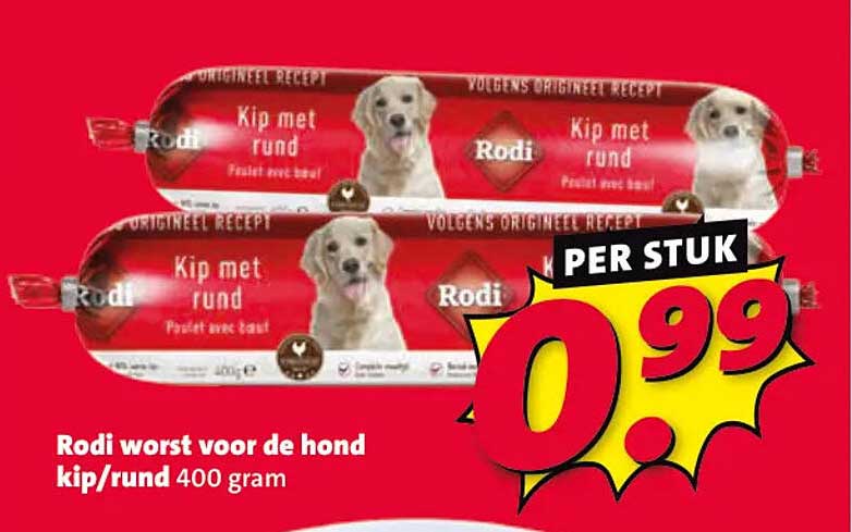 Rodi worst voor de hond kip/rund 400 gram PER STUK