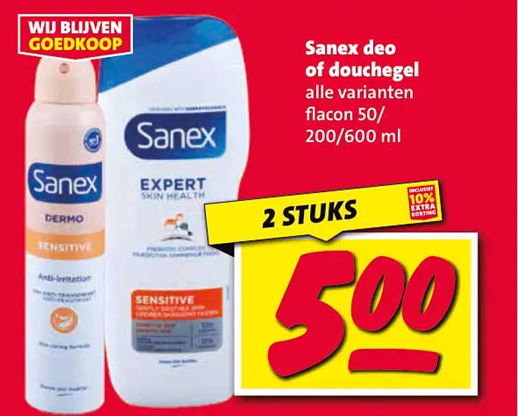 Sanex deo of douchegel alle varianten flacon 50/200/600 ml 2 STUKS