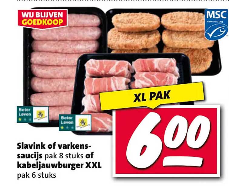 Slavink of varkenssaucijs pak 8 stuks of kabeljauwburger XXL pak 6 stuks XL PAK