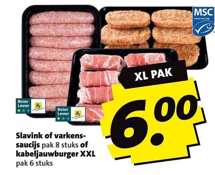 Slavink of varkenssaucijs pak 8 stuks of kabeljauwburger XXL pak 6 stuks XL PAK