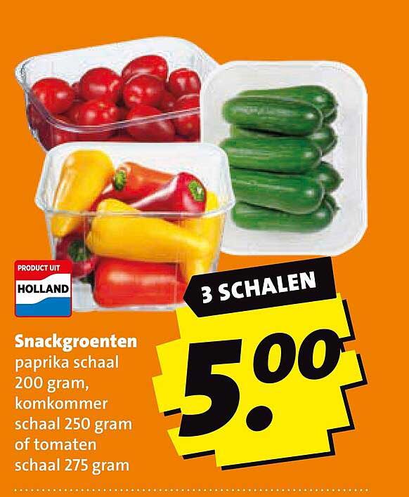 Snackgroenten paprika schaal 200 gram, komkommer schaal 250 gram of tomaten schaal 275 gram 3 schalen