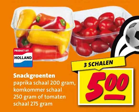 Snackgroenten paprika schaal 200 gram, komkommer schaal 250 gram of tomaten schaal 275 gram 3 schalen