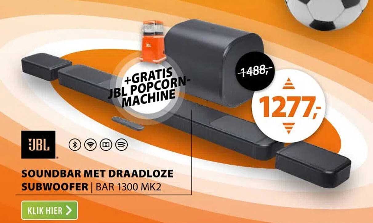 SOUND BAR MET DRAADLOZE SUBWOOFER | BAR 1300 MK2 +GRATIS JBL POPCORN-MACHINE