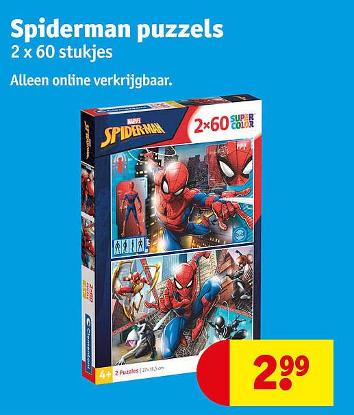 Spiderman puzzels 2 x 60 stukjes Alleen online verkrijgbaar.