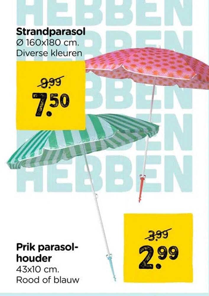 Strandparasol Ø 160x180 cm. Diverse kleuren
