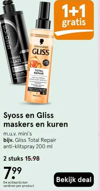 Syoss en Gliss maskers en kuren 1+1 gratis