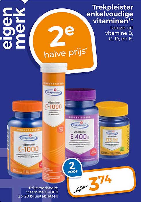 Trekpleister enkelvoudige vitaminen 2e halve prijs