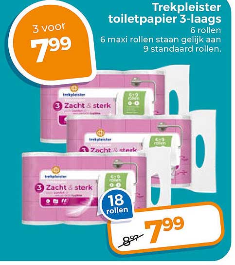 Trekpleister toiletpapier 3-laags 6 rollen 6 maxi rollen staan gelijk aan 9 standaard rollen. 3 voor