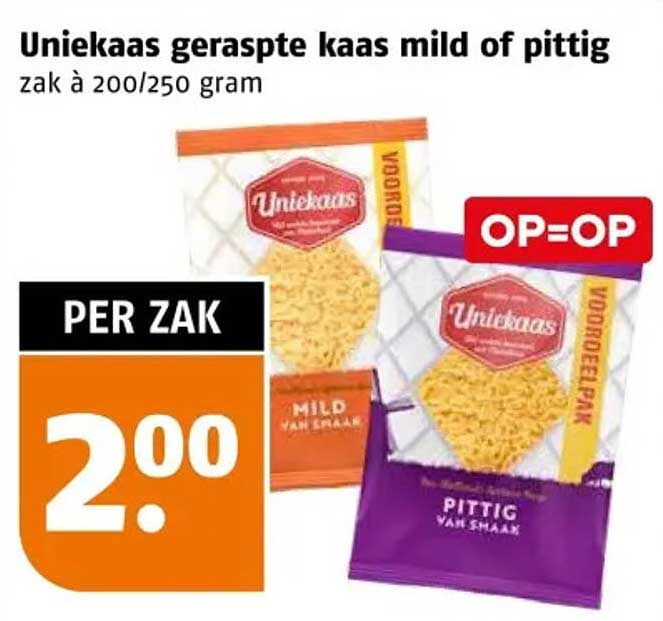 Uniekaas geraspte kaas mild of pittig zak à 200/250 gram OP=OP