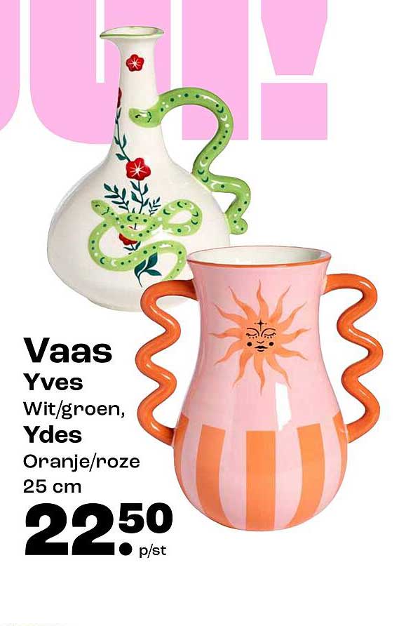 Vaas Yves Wit/groen, Ydes Oranje/roze 25 cm