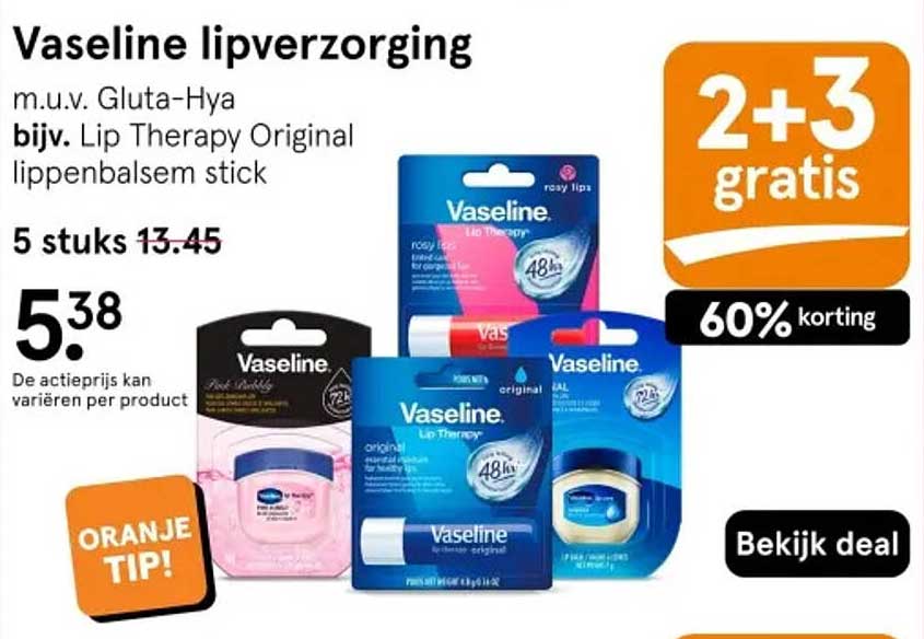 Vaseline lipverzorging m.u.v. Gluta-Hya bijv. Lip Therapy Original lippenbalsem stick 2+3 gratis