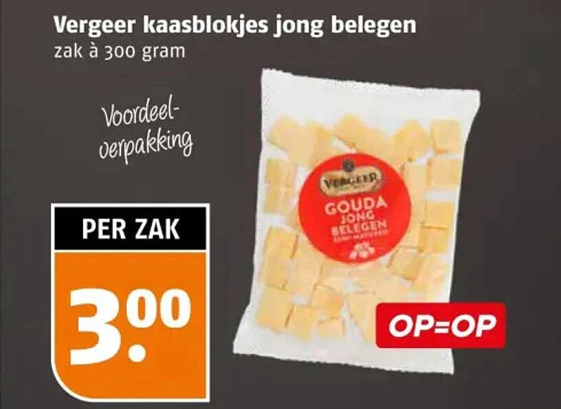 Verger kaasblokjes jong belegen zak à 300 gram OP=OP