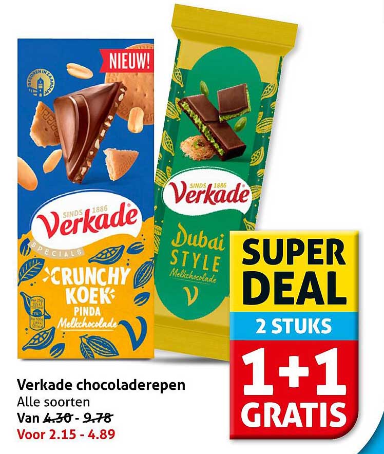 Verkade chocoladerepen Alle soorten 1+1 gratis
