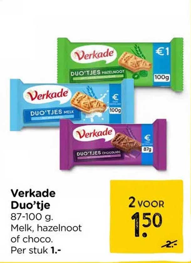 Verkade Duo’tje 87-100 g. Melk, hazelnoot of choco. Per stuk 1.- 2 voor 1.50