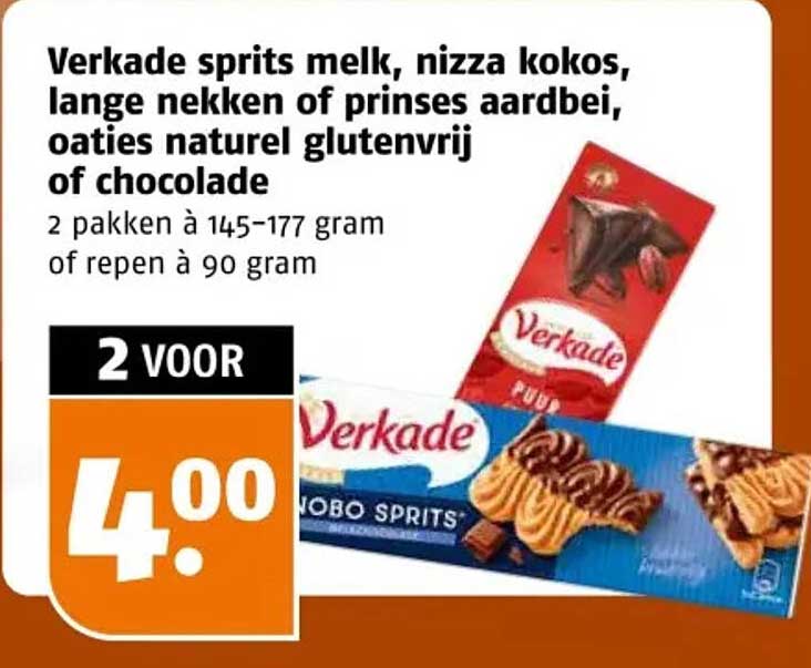 Verkade spits melk, nizza kokos, lange nekken of prinses aardbei, oats naturel glutenvrij of chocolade 2 voor