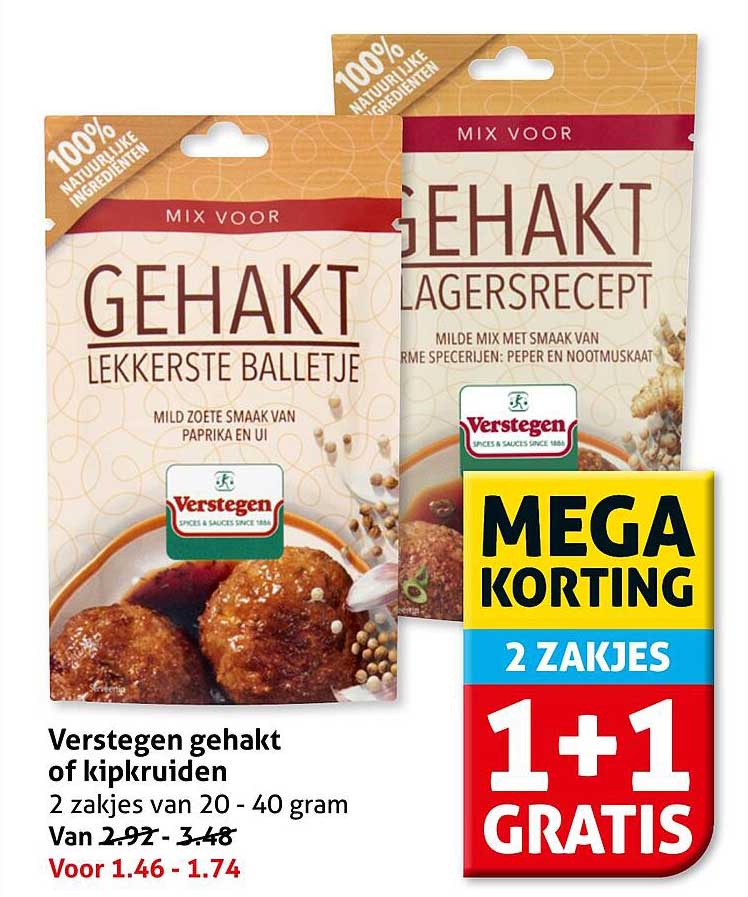 Verstegen gehakt of kipkruiden 2 zakjes 1+1 gratis