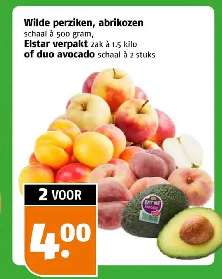 Wilde perziken, abrikozen schaal à 500 gram, Elstar verpakt zak à 1.5 kilo of duo avocado schaal à 2 stuks
