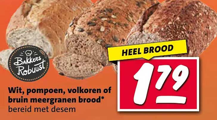 Wit, pompoen, volkoren of bruin meergranen brood* bereid met desem HEEL BROOD