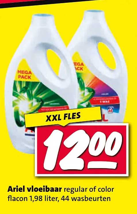 XXL FLES Ariel vloeibaar regular of color flacon 1,98 liter, 44 wasbeurten