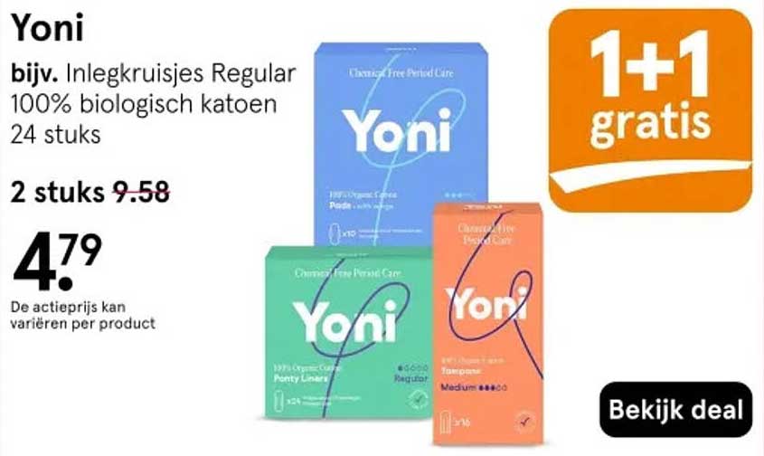 Yoni bijv. Inlegkruisjes Regular 100% biologisch katoen 24 stuks 1+1 gratis