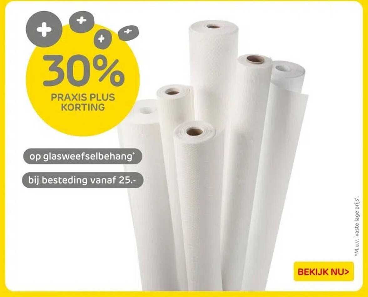 30% PRAKIS PLUS KORTING op glasweefselbehang bij besteding vanaf 25.-