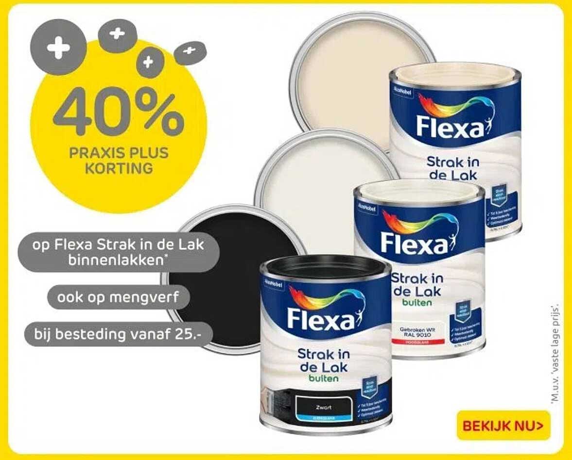 40% PRAKIS PLUS KORTING op Flexa Strak in de Lak buitenlakken bij besteding vanaf 25,-