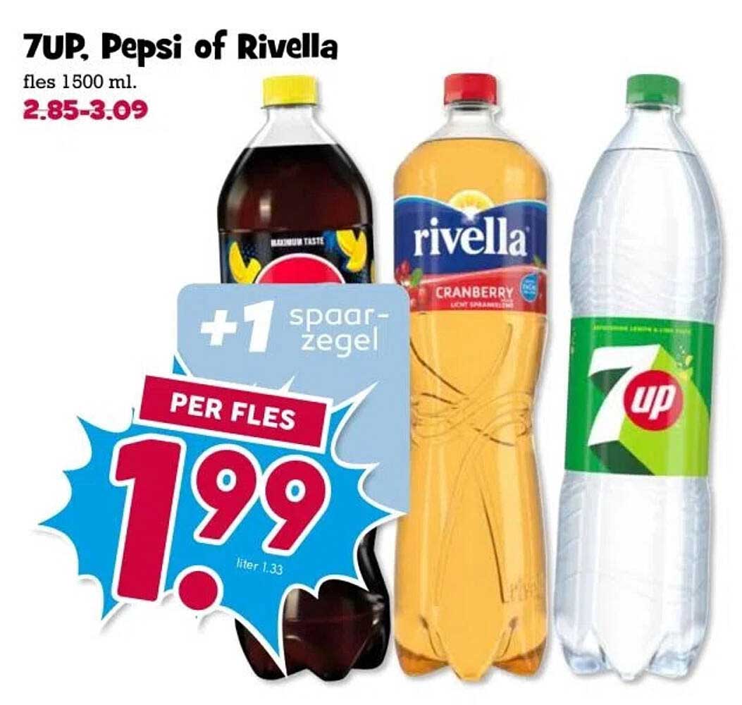 7UP, Pepsi of Rivella fles 1500 ml.