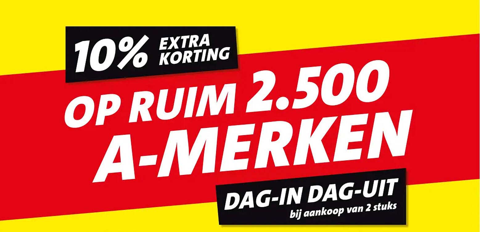 10% extra korting op ruim 2.500 A-merken dag-in dag-uit bij aankoop van 2 stuks