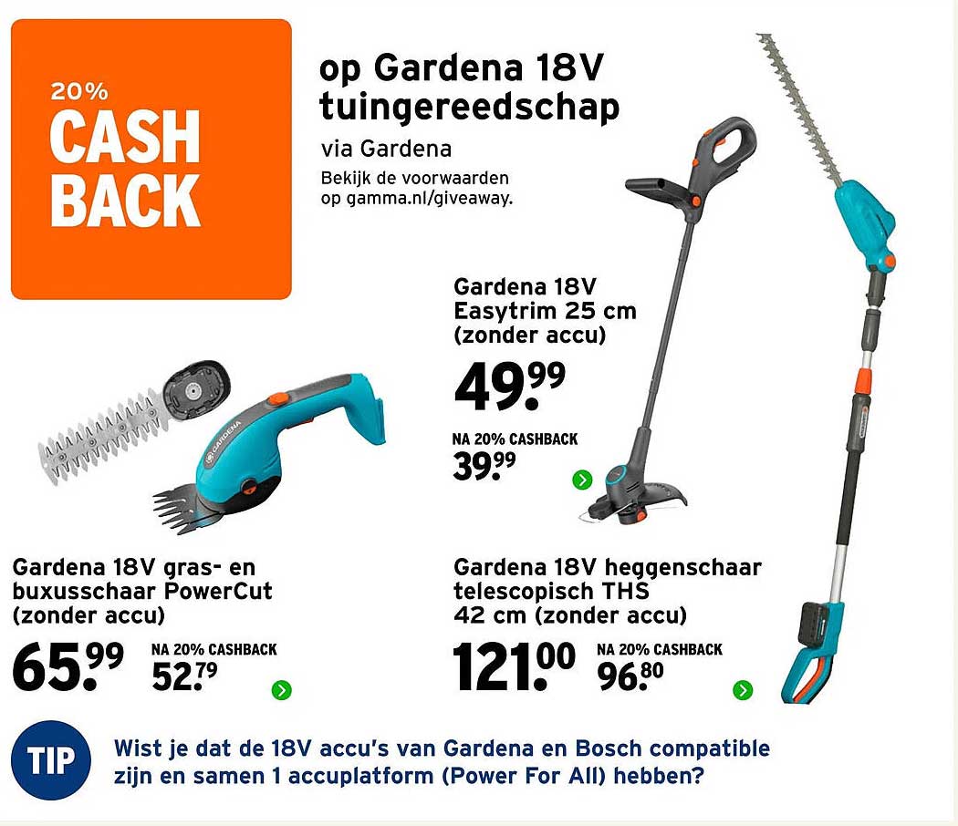 20% CASH BACK op Gardena 18V tuingereedschap