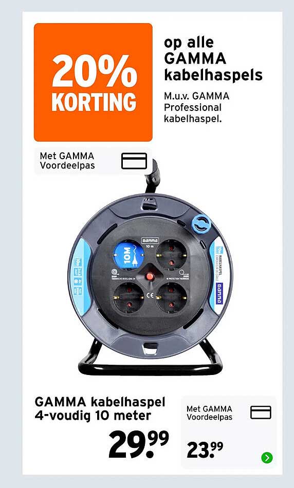 20% korting op alle GAMMA kabelhaspels