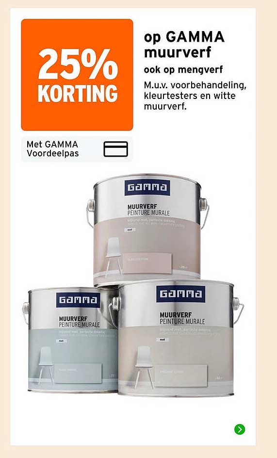 25% KORTING op GAMMA muurverf ook op mengverf