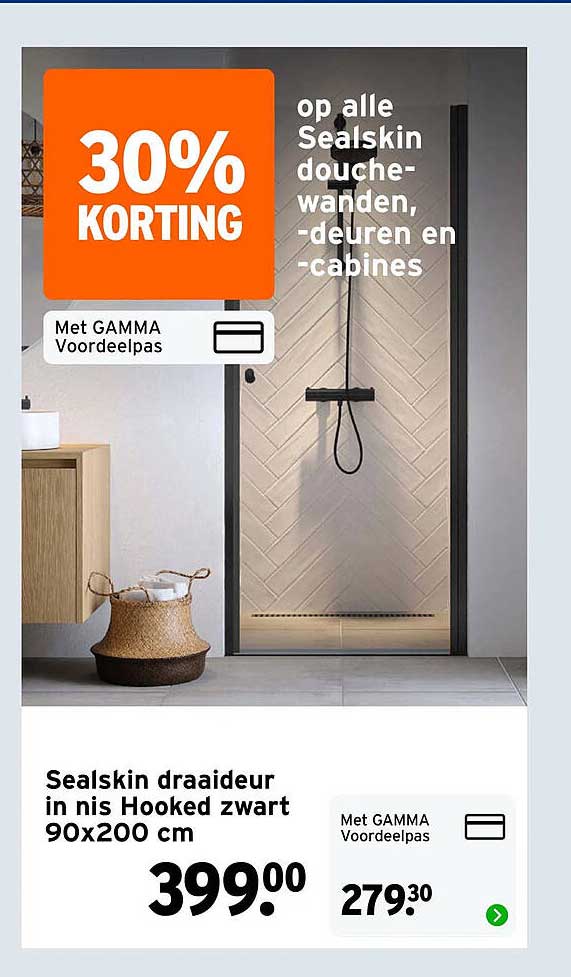 30% KORTING op alle Sealskin douche-wanden, -deuren en -cabines
