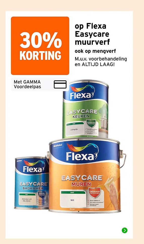 30% KORTING op Flexa Easycare muurverf ook op mengverf