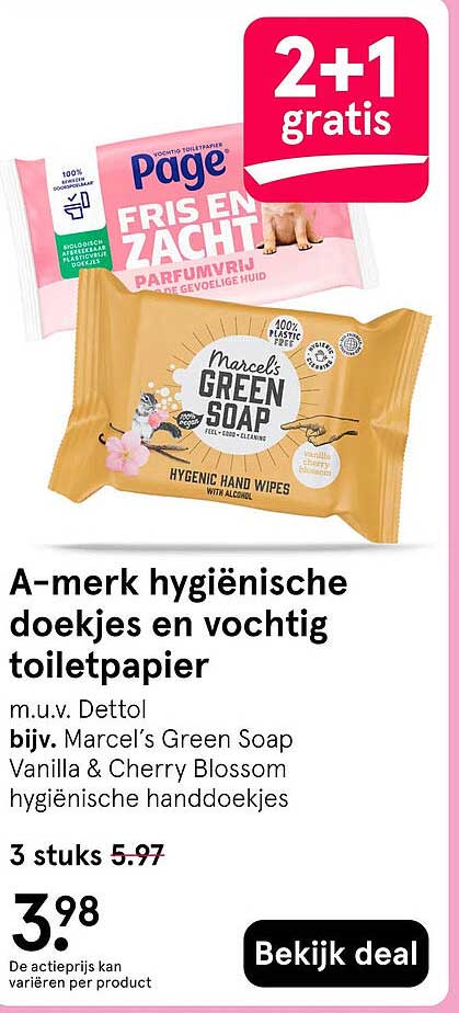 A-merk hygiënische doekjes en vochtig toiletpapier 2+1 gratis