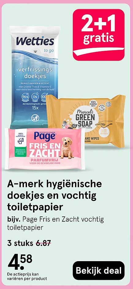 A-merk hygiënische doekjes en vochtig toiletpapier 2+1 gratis