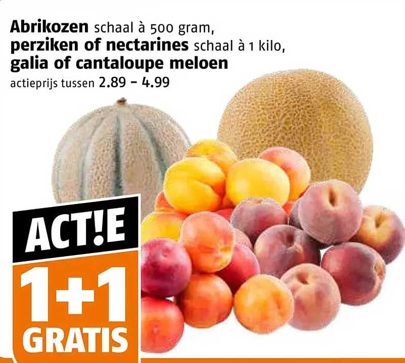 Abrikozen schaal à 500 gram, perziken of nectarines schaal à 1 kilo, galia of cantaloupe meloen ACT!E 1+1 GRATIS
