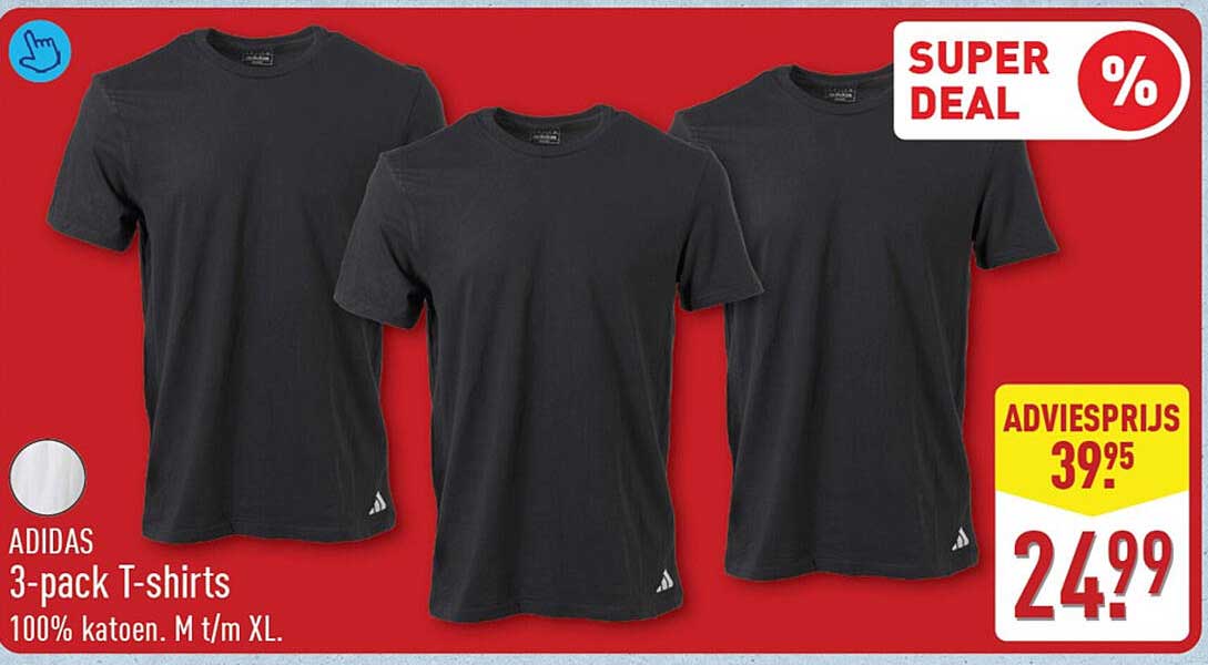 ADIDAS 3-pack T-shirts 100% katoen. M t/m XL.