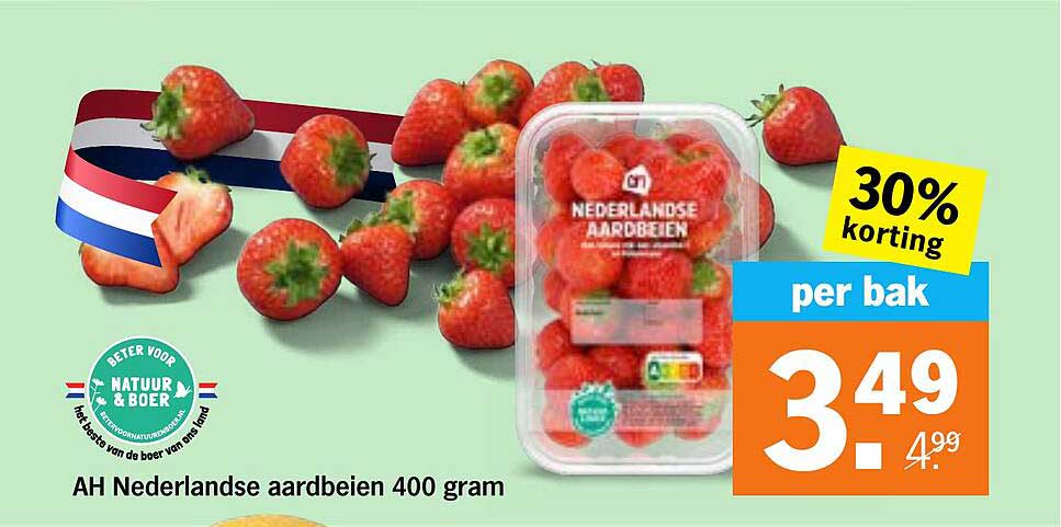 AH Nederlandse aardbeien 400 gram 30% korting per bak