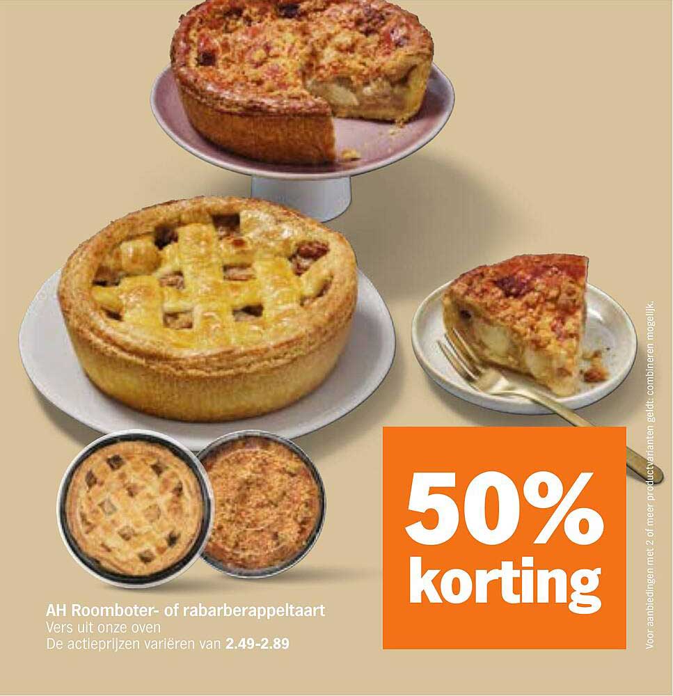 AH Roomboter- of rabarberappeltaart 50% korting