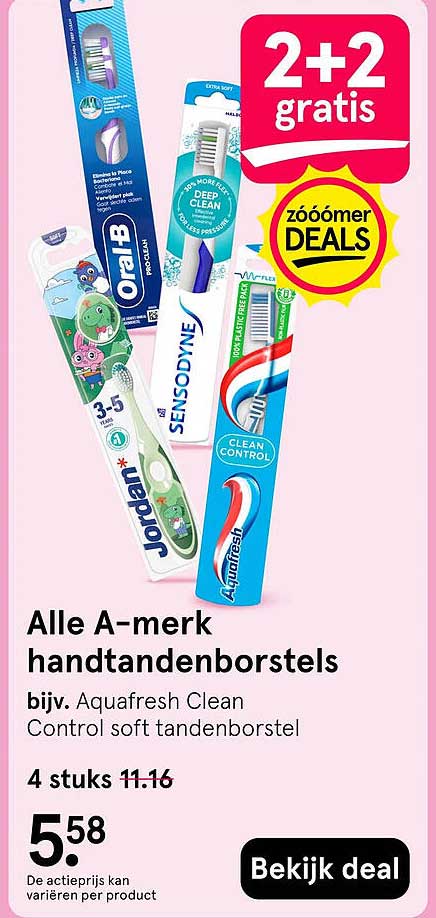 Alle A-merk handtandenborstels bijv. Aquafresh Clean Control soft tandenborstel 2+2 gratis