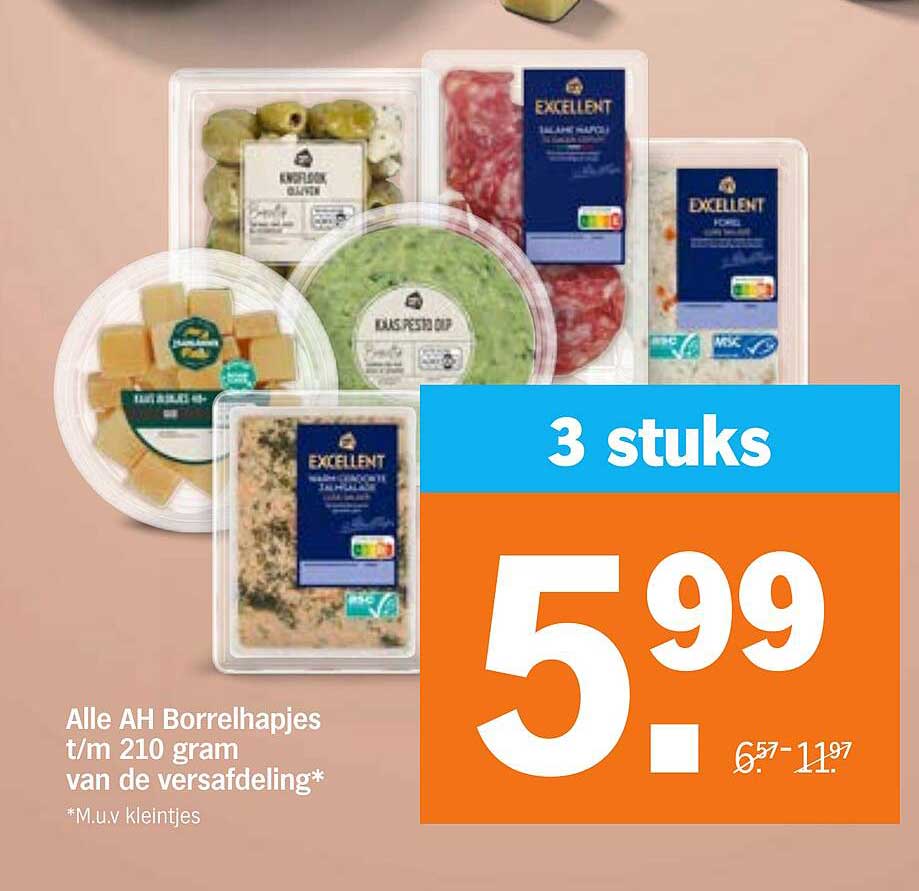 Alle AH Borrelhapjes t/m 210 gram van de versafdeling* 3 stuks