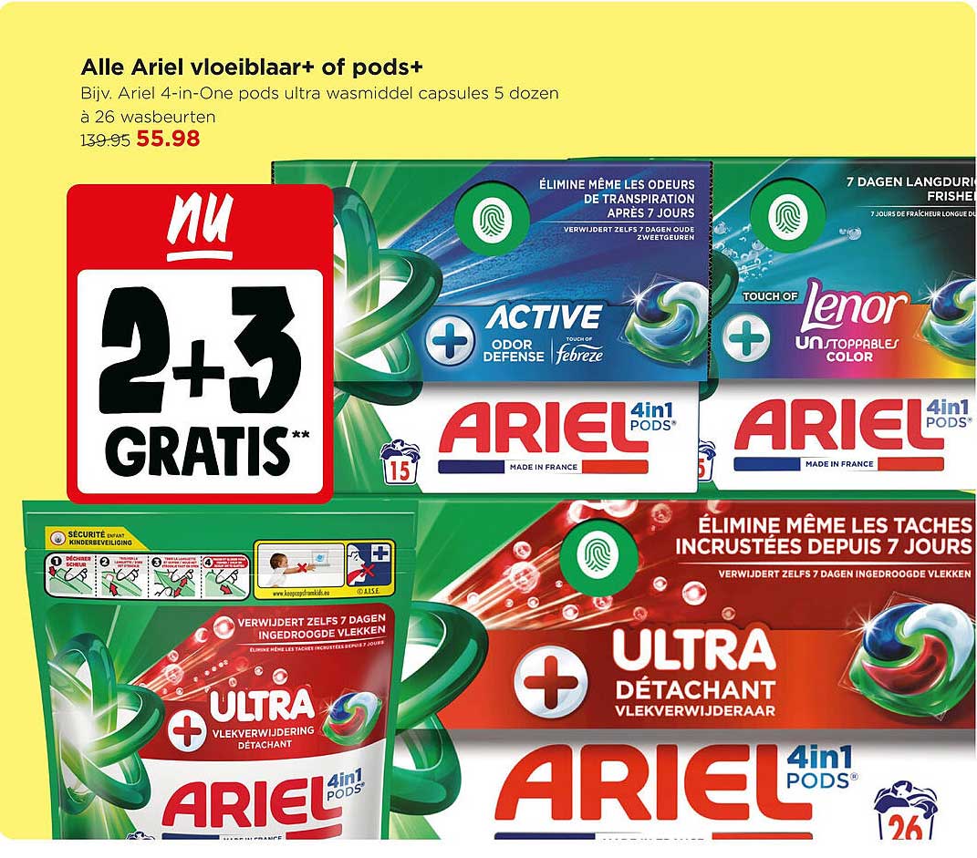Alle Ariel vloeibaar+ of pods+ 2+3 GRATIS**
